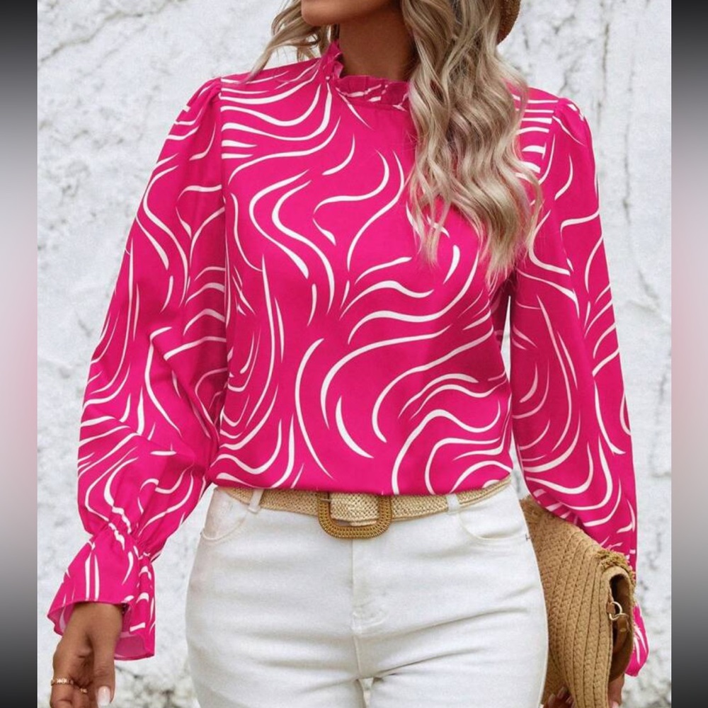 Hot pink Abstract Print Ruffle Frill Long Sleeve Top Blouse Shirt - Picture 6 of 6
